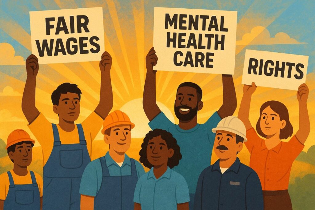 AI Mental Health Crisis: Hidden Workforce Breaking Down 7 Workers united for change in the AI mental health crisis, demanding fair labor and better mental health support.