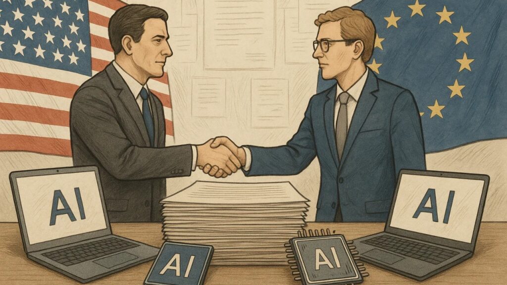 Why Americans Don't Trust AI: The Real Story Behind Our Growing Fear 3 A detailed image of American and European professionals negotiating AI rules, highlighting the transatlantic influence on AI, American tech policy, and EU regulation standards.