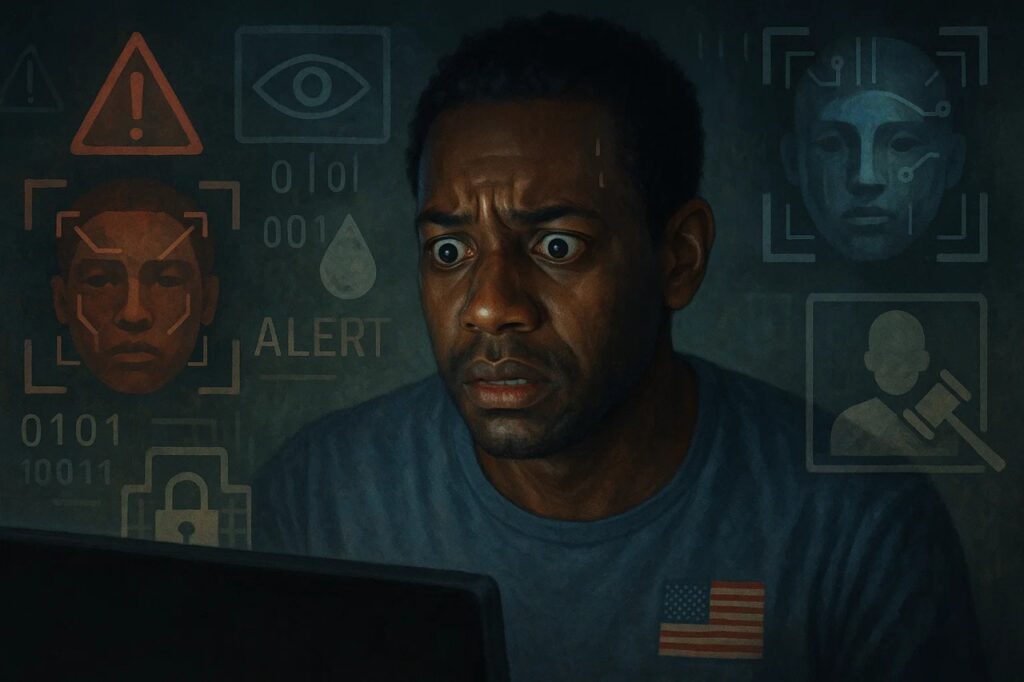 Americans Are Fed Up With AI and Here's Why 4 An American user concerned about AI privacy violations, with digital symbols representing data collection, surveillance, and the growing AI backlash.