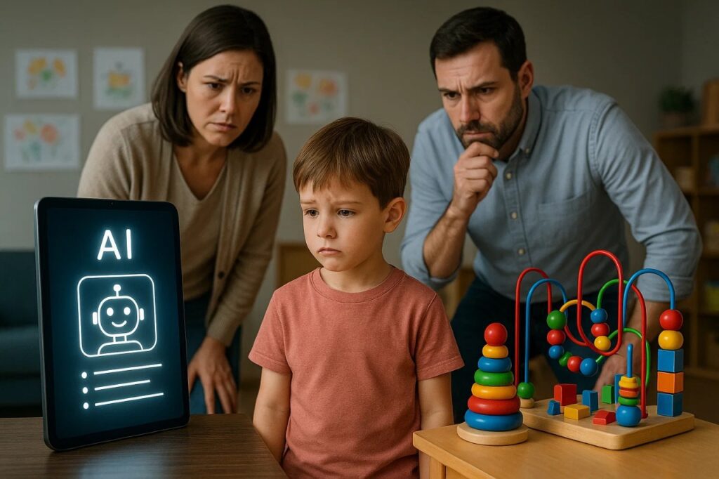 AI in Kindergarten: The Controversial Push to Teach 5-Year-Olds 4 A kindergartener choosing between AI-based screen activities and traditional hands-on toys, illustrating the screen time problem in AI in kindergarten.