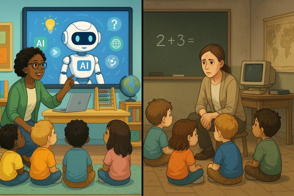 AI in Kindergarten: The Controversial Push to Teach 5-Year-Olds 5 Two contrasting kindergarten classrooms—one with advanced AI resources and one underfunded—highlighting equity issues in AI in kindergarten.