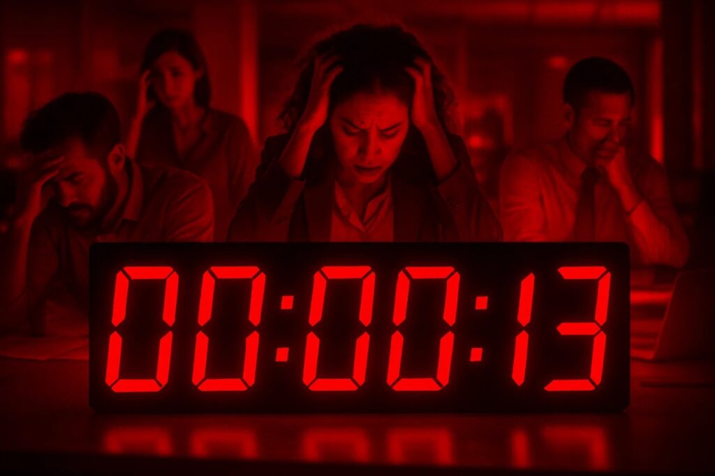 AI Mental Health Crisis: Hidden Workforce Breaking Down 9 Urgency to solve the AI mental health crisis, shown by a digital clock and exhausted workers.