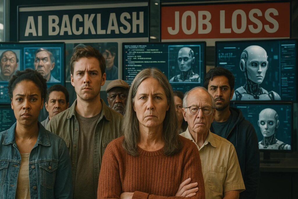 Americans Are Fed Up With AI and Here's Why 6 A group of Americans expressing skepticism and concern about artificial intelligence, with digital screens showing AI-generated content and "AI backlash" warnings in the background.