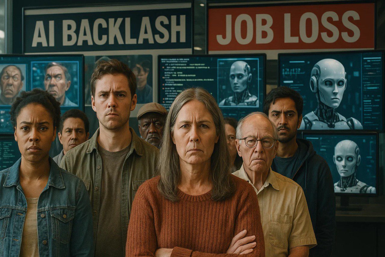 A group of Americans expressing skepticism and concern about artificial intelligence, with digital screens showing AI-generated content and "AI backlash" warnings in the background.