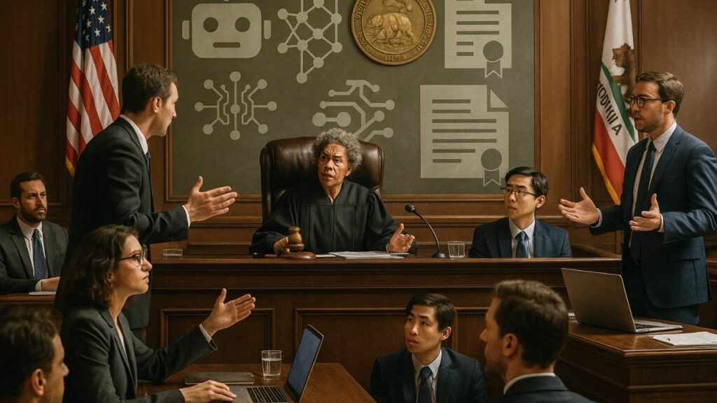 Why Americans Don't Trust AI: The Real Story Behind Our Growing Fear 2 An image showing a California courtroom debating AI laws, with American legal figures and AI symbols, reflecting the ongoing struggle over AI, American state regulations, and tech company compliance.