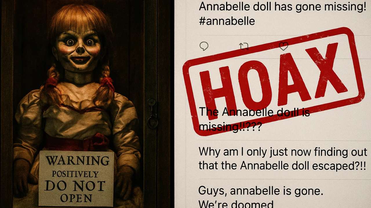 Annabelle doll missing hoax comparison showing real doll secure in case versus viral social media panic