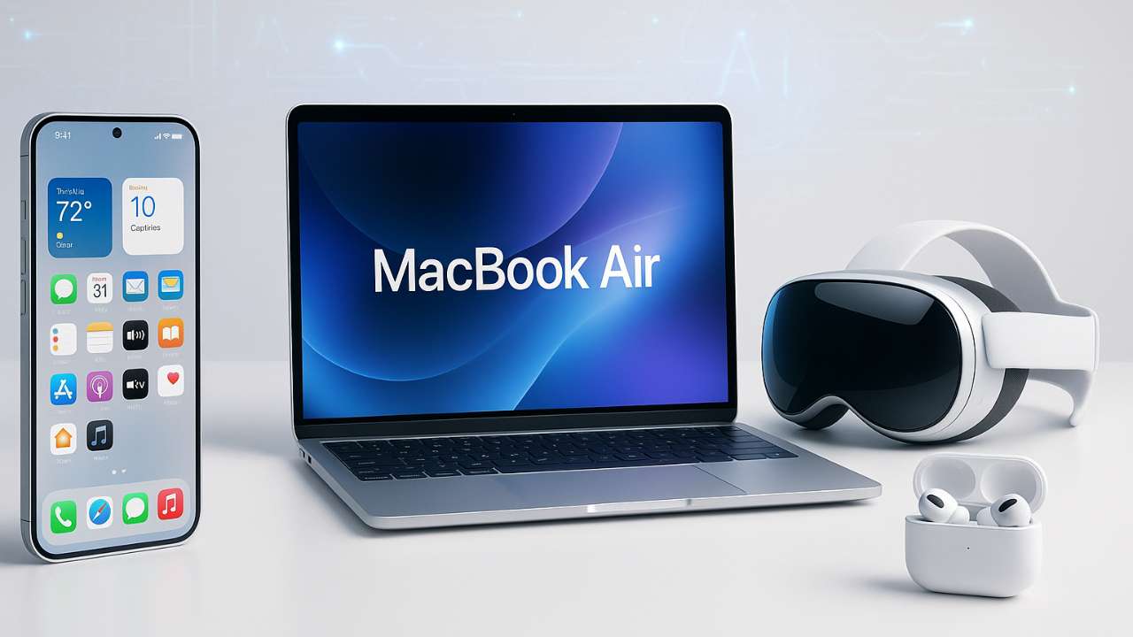 Apple in 2025 AI-powered devices including iPhone 17 Air, MacBook Air M4, Vision Air, and AirPods Pro 3.