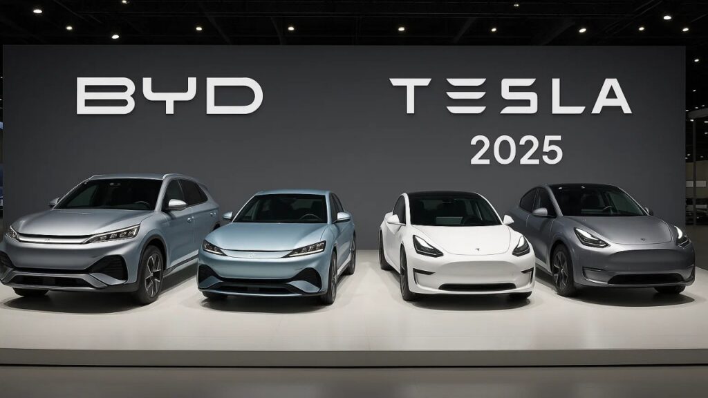 BYD EV models competing with Tesla 2025 displayed at auto expo