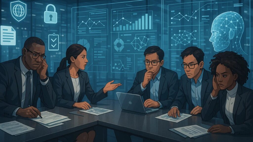 AI Regulation Wars: How Global Tech Rules Are Reshaping Everything 3 Corporate professionals reviewing AI compliance data on transparent digital screens, symbolizing the global challenge of regulatory requirements.