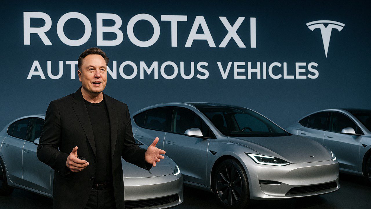 Elon Musk presenting Tesla 2025 autonomous vehicle innovations