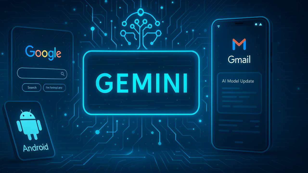 Gemini AI transforming Google apps like Search and Gmail in a futuristic interface