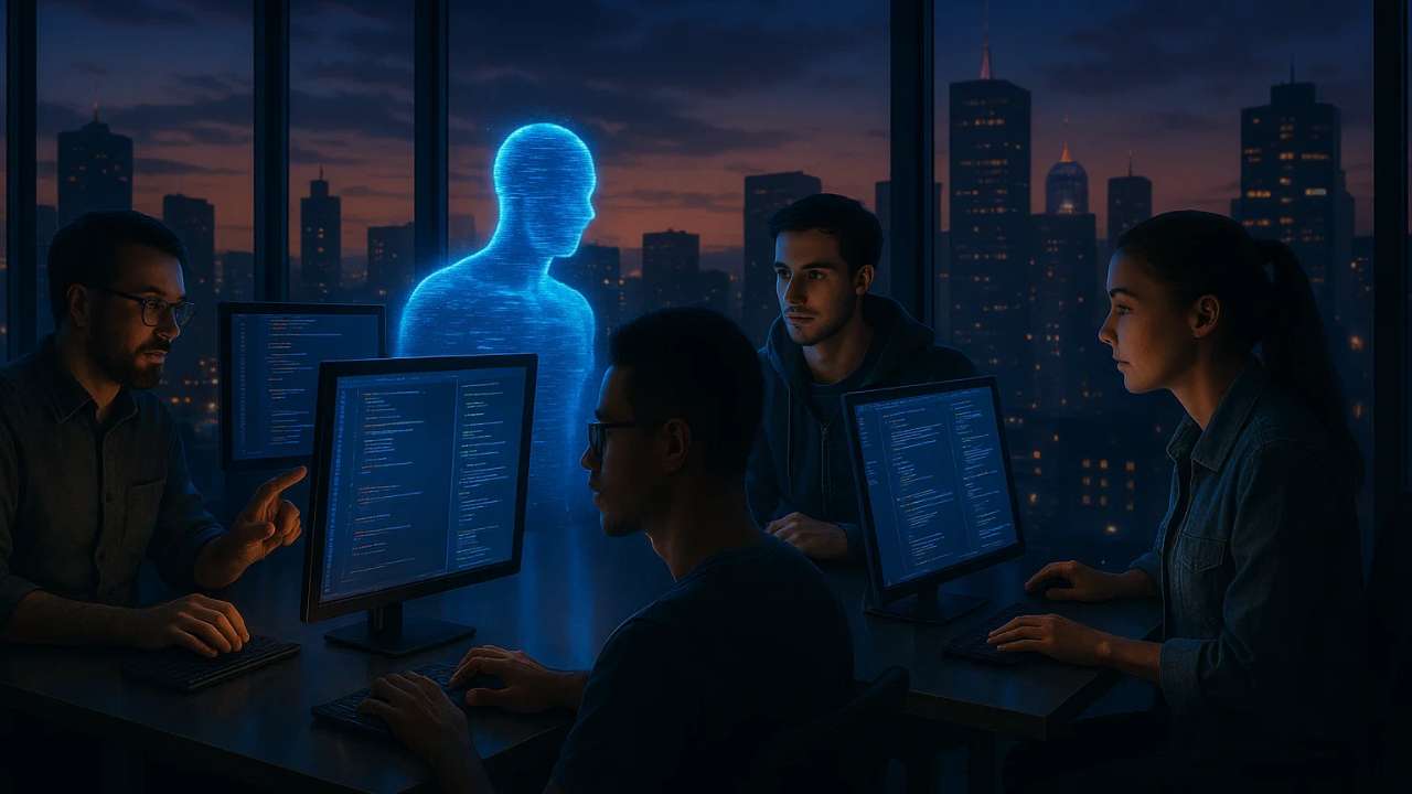 Human developers and a digital AI agent collaborating in a high-tech office at dusk.