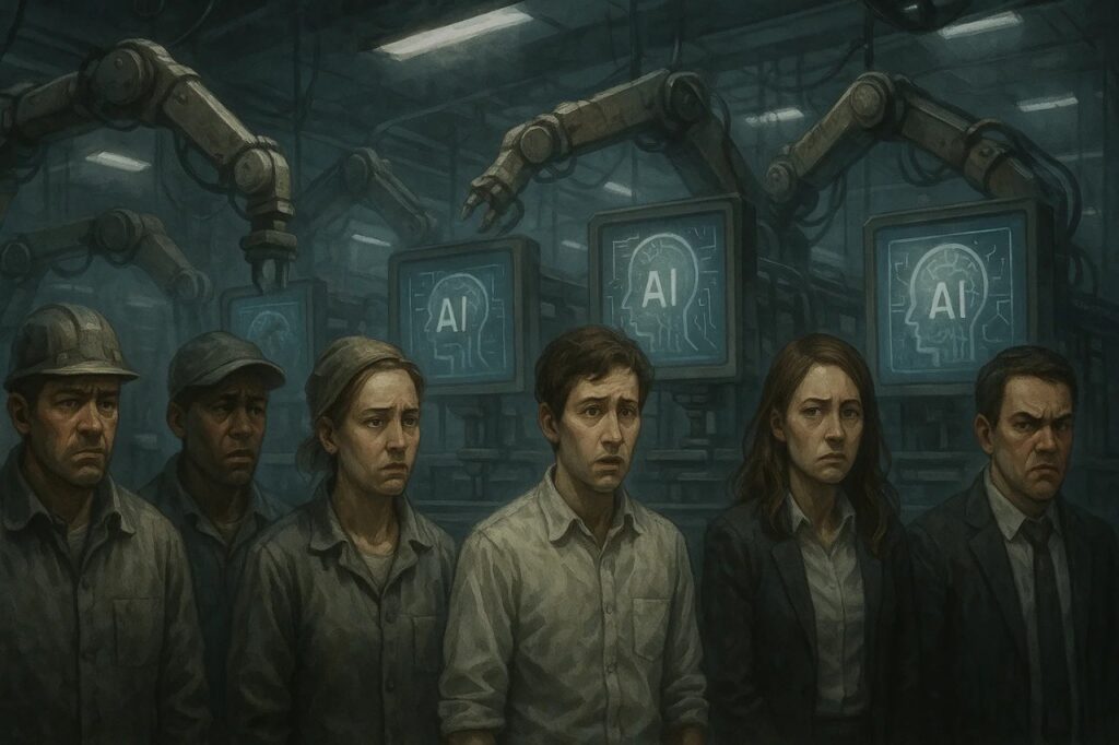 Americans Are Fed Up With AI and Here's Why 5 American workers facing the threat of job loss due to artificial intelligence, with robots and AI systems replacing human roles, highlighting the AI backlash.