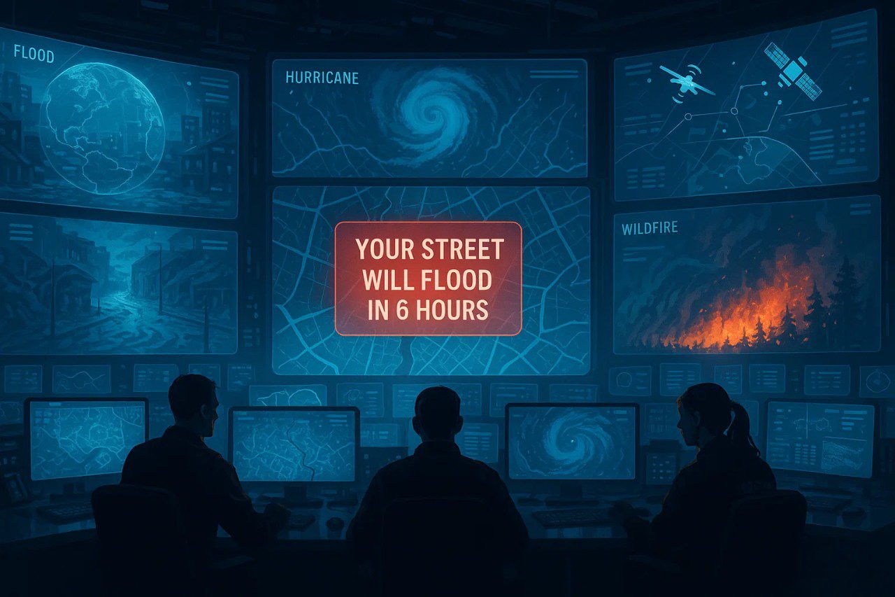 AI-powered command center monitoring natural disaster alerts for floods, hurricanes, and wildfires with hyperlocal street-level data.