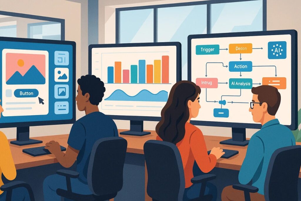 Vibe Coding Is Making Everyone a Programmer Overnight 3 Users building apps with visual, drag-and-drop interfaces and AI tools, illustrating vibe coding’s role in the no-code AI revolution.