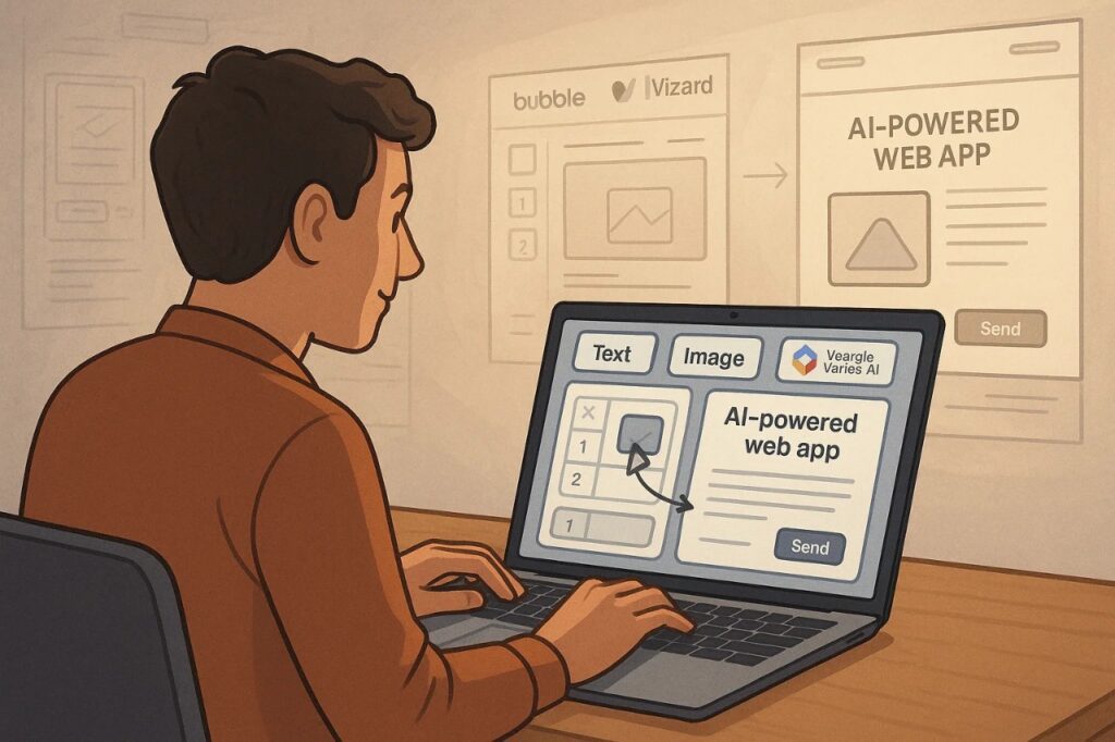 Last Chance to Build AI Startup Before Market Floods 2 A founder builds an AI-powered app using no-code AI startup platforms like Bubble and Uizard, highlighting ease for non-technical users.
