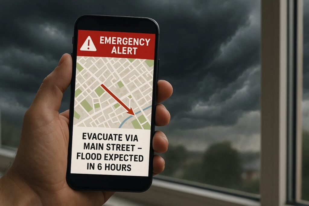 AI Knows Your House Will Flood Before You Do 4 Smartphones receiving AI-generated natural disaster alerts with real-time, hyperlocal evacuation guidance for safety.