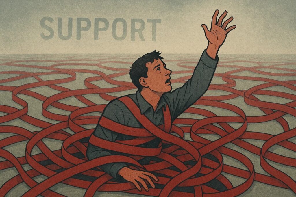 AI Mental Health Crisis: Hidden Workforce Breaking Down 5 Image illustrating failed support systems during the AI mental health crisis, with workers unable to access real help.