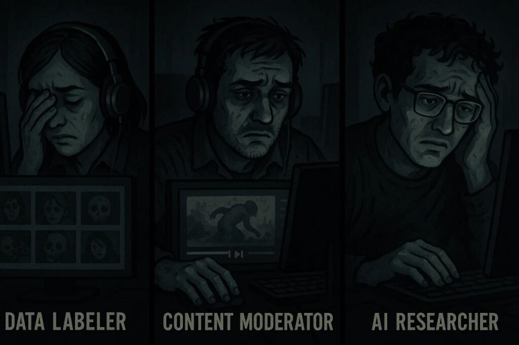AI Mental Health Crisis: Hidden Workforce Breaking Down 3 Illustration of the hidden workforce affected by the AI mental health crisis, including data labelers, content moderators, and researchers.