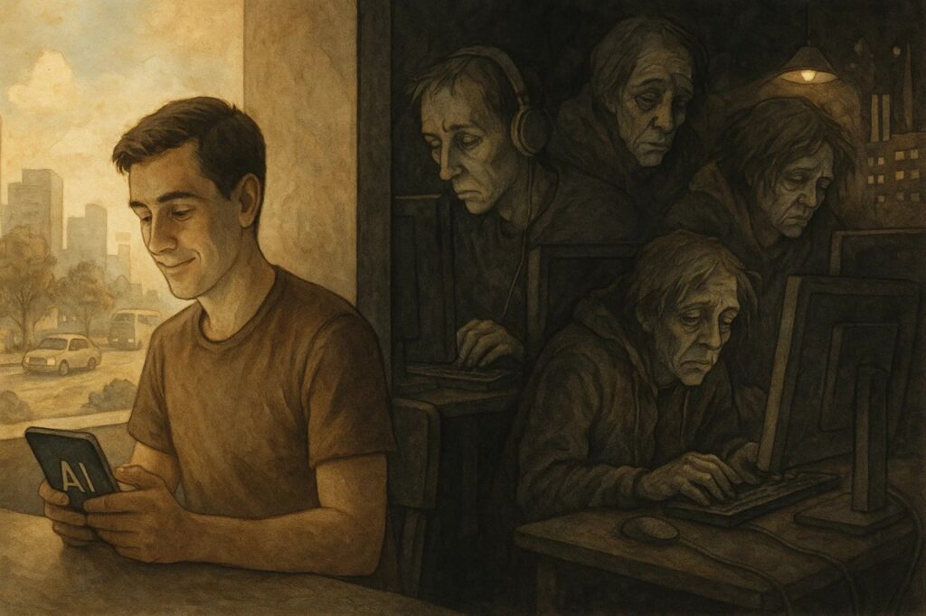 AI Mental Health Crisis: Hidden Workforce Breaking Down 8 Visual representation of how the AI mental health crisis affects users and society, showing the hidden labor behind AI technology.