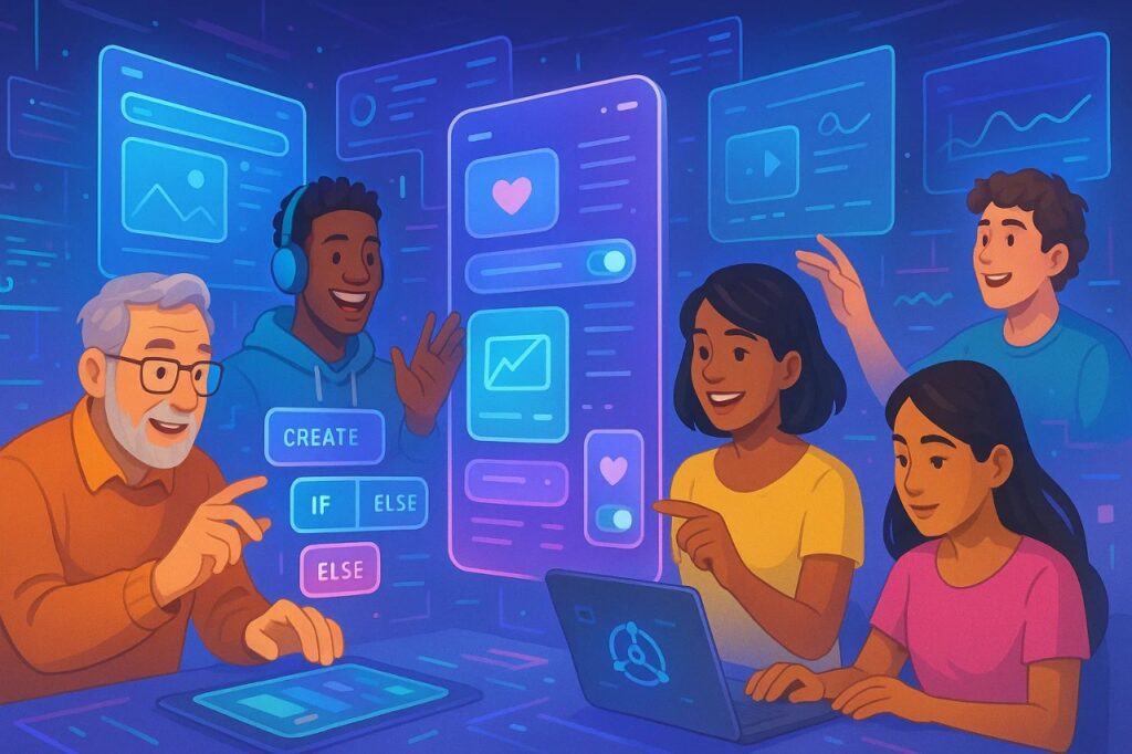 Vibe Coding Is Making Everyone a Programmer Overnight 6 A group of people of all ages using AI-powered interfaces to create apps, visually representing the impact of vibe coding on democratizing software development.