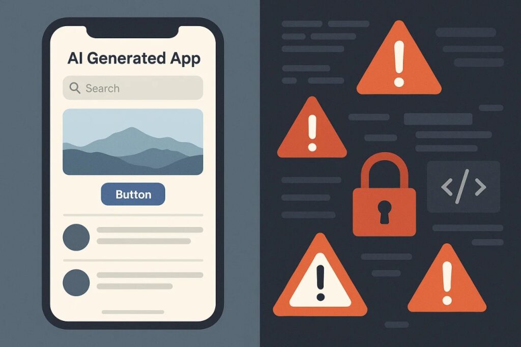 Vibe Coding Is Making Everyone a Programmer Overnight 5 A comparison of an AI-generated app’s polished interface with underlying security warnings, illustrating challenges in vibe coding adoption.